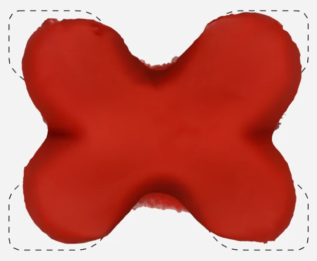Scan of the shaped Play-Doh X inside the dashed target outline